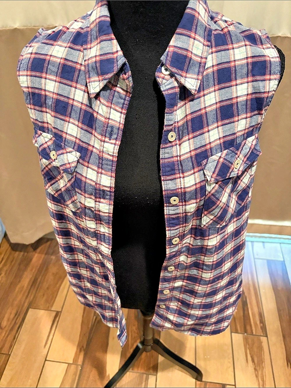 Women's Plaid Button Front Vest in Blue & Red